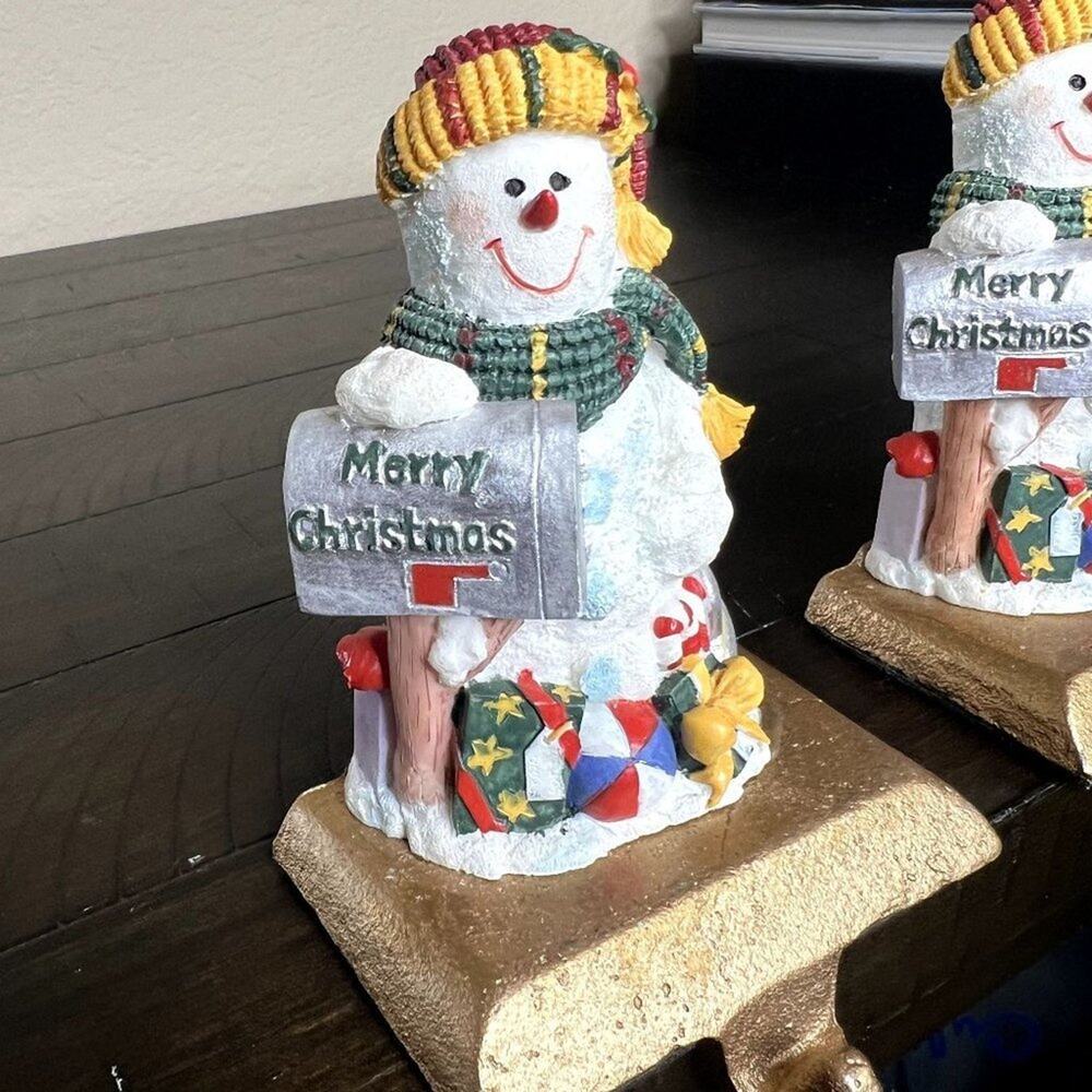 Vintage Heavy Snowman Stocking Holders Set 2 Metal Base Christmas Mantel Hooks